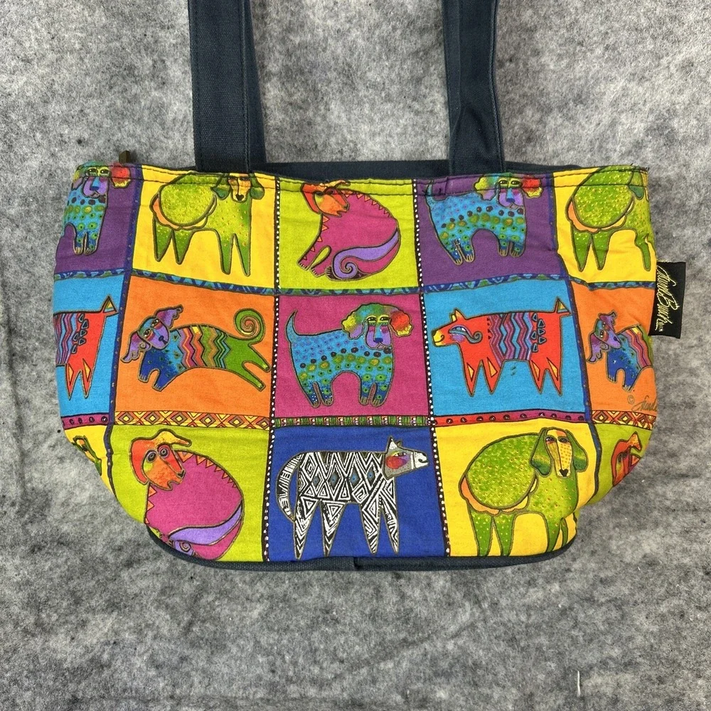 LAUREL BURCH Medium Canvas Dog Bag Purse Shoulder Tote W/ Zip Top AOP Dogs‎